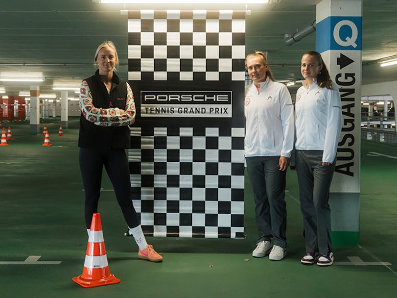 Michelle Gatting, Nastasja Schunk and Mariella Thamm at Porsche Tennis Grand Prix driving challenge