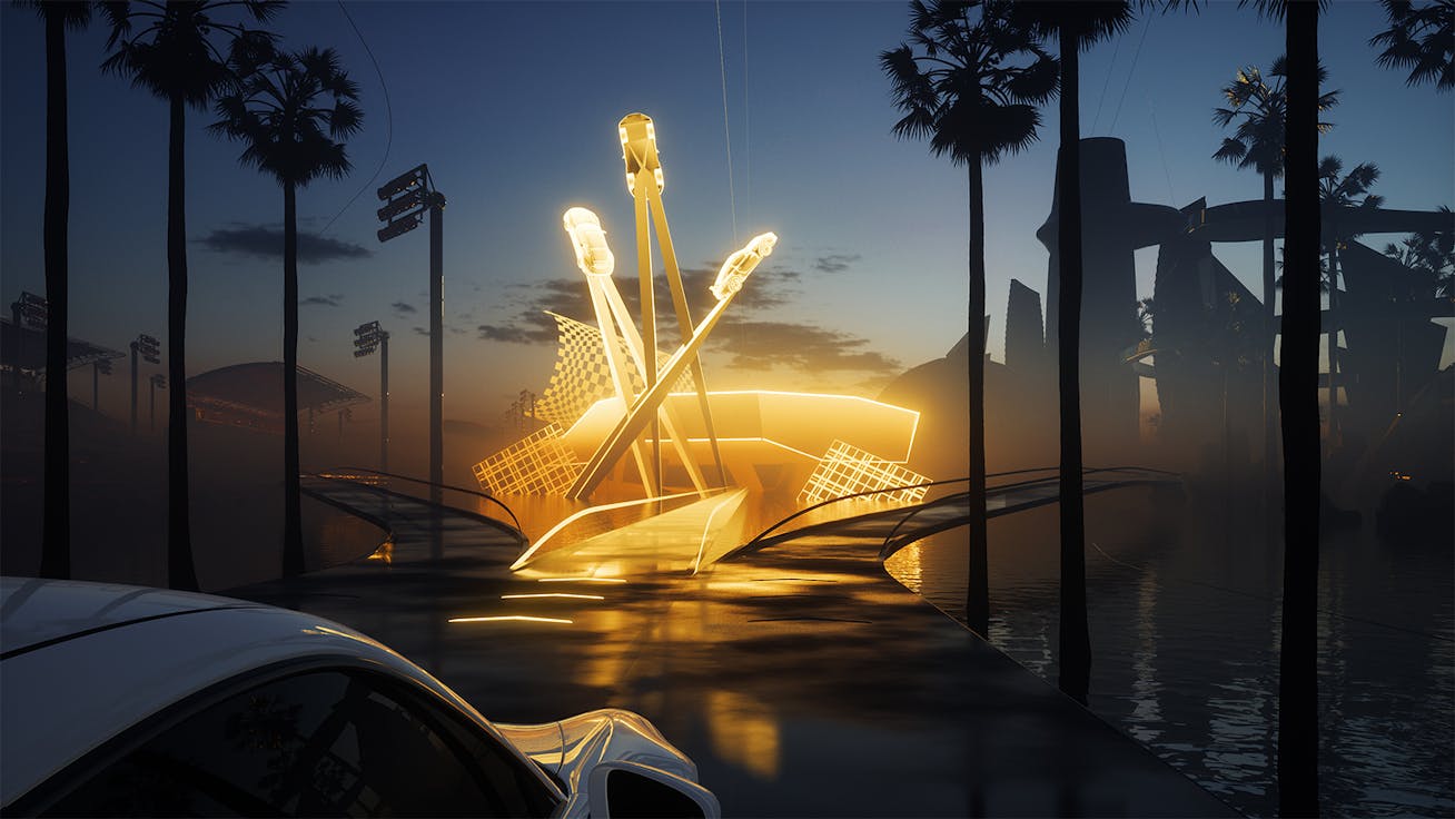 White Porsche facing golden car sculpture. Two roads in darkness